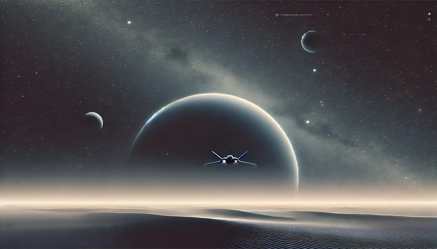 DALL·E 2024 07 14 23.32.55   A minimalist sci fi scene showing a lone spaceship hovering over a serene, uninhabited planet surface. The spaceship and the planet surface have subtl